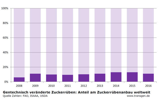 GVO-Anbau weltweit 2016, ISAAA, Zuckerrübe, Anteil GVO-Anbau weltweit 2016, ISAAA, Zuckerrübe, Anteil