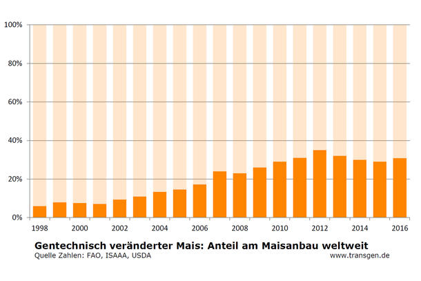 GVO-Anbau weltweit 2016, Mais, Anteil, ISAAA GVO-Anbau weltweit 2016, Mais, Anteil, ISAAA