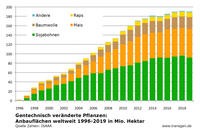 Anbau von gv-Pflanzen 1996 bis 2019 nach Pflanzen